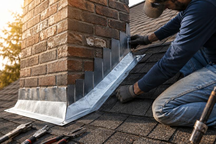 Chimney flashing repair on a home in Aspen Hill, Maryland