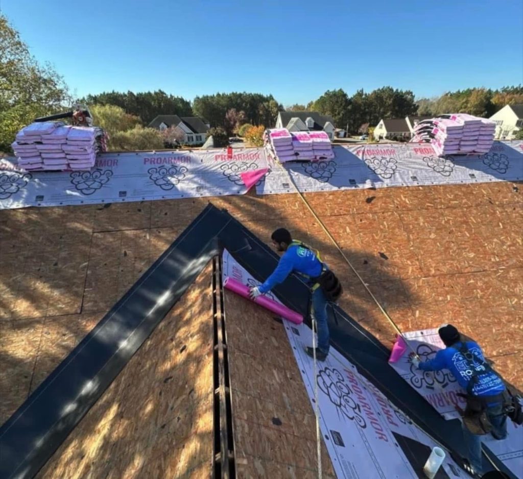 Plywood protecting landscaping during a roof tear-off in Rockville